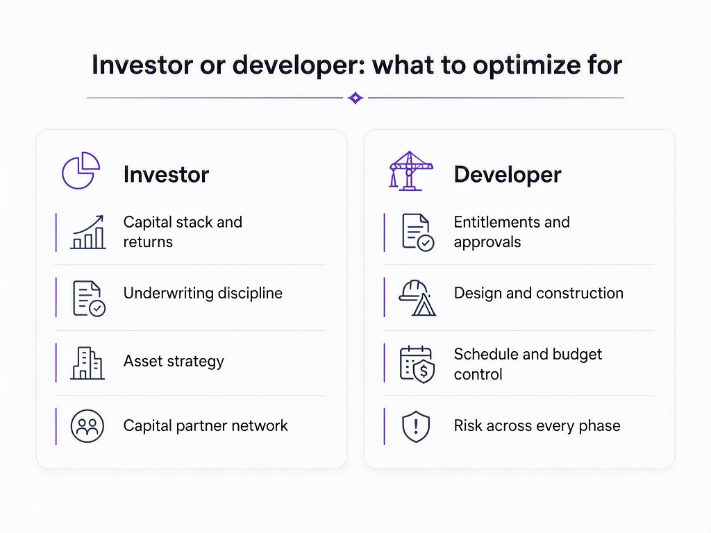 Infographic comparing what investors and developers should optimize for in an executive program: investors on capital stack and returns, underwriting discipline, asset strategy, and capital partner networks; developers on entitlements and approvals, design and construction, schedule and budget control, and risk across every phase