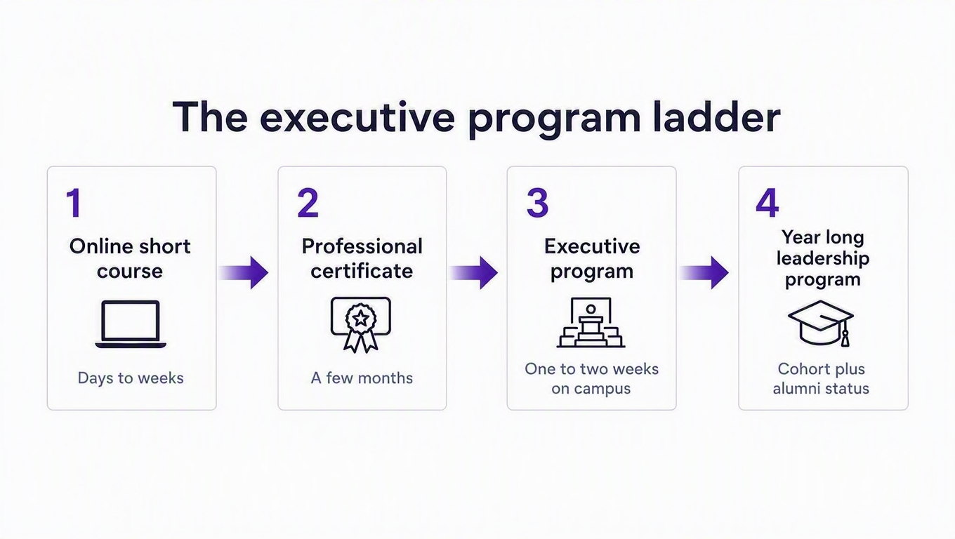 Step-by-step diagram of the executive program ladder: online short course (days to weeks), professional certificate (a few months), executive program (one to two weeks on campus), and year-long leadership program (cohort plus alumni status)