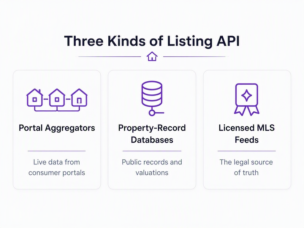 Infographic showing the three kinds of listing API: portal aggregators, property-record databases, and licensed MLS feeds