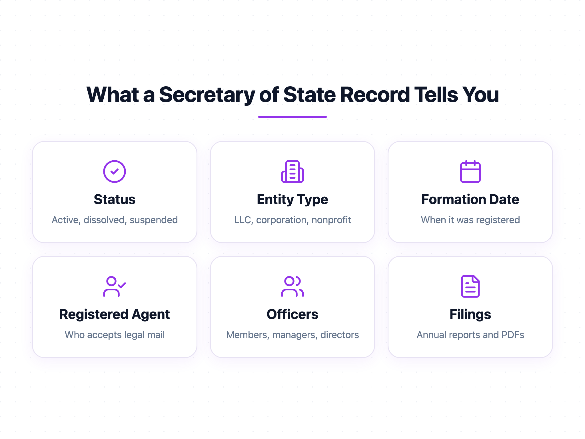Infographic of the six things a Secretary of State record tells you: status, entity type, formation date, registered agent, officers and filings