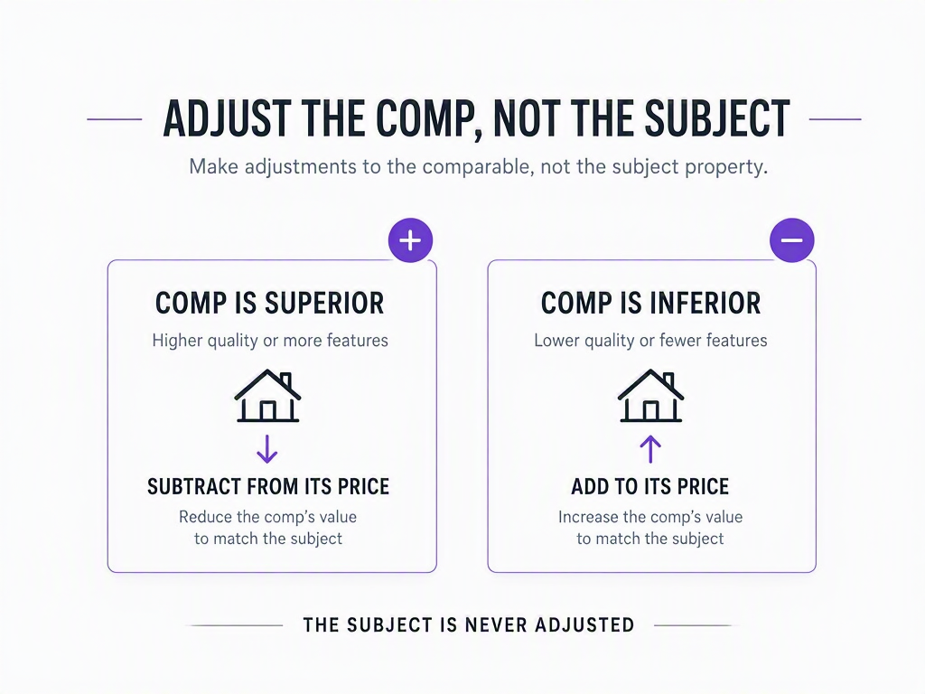 Adjustment grid direction rule: comp superior means subtract from the comp's price, comp inferior means add to it, and the subject is never adjusted