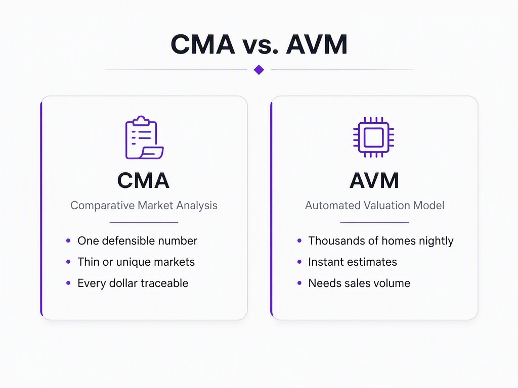 When to use a CMA versus an AVM: CMA for defensible single valuations and thin markets, AVM for portfolio scale and instant screening