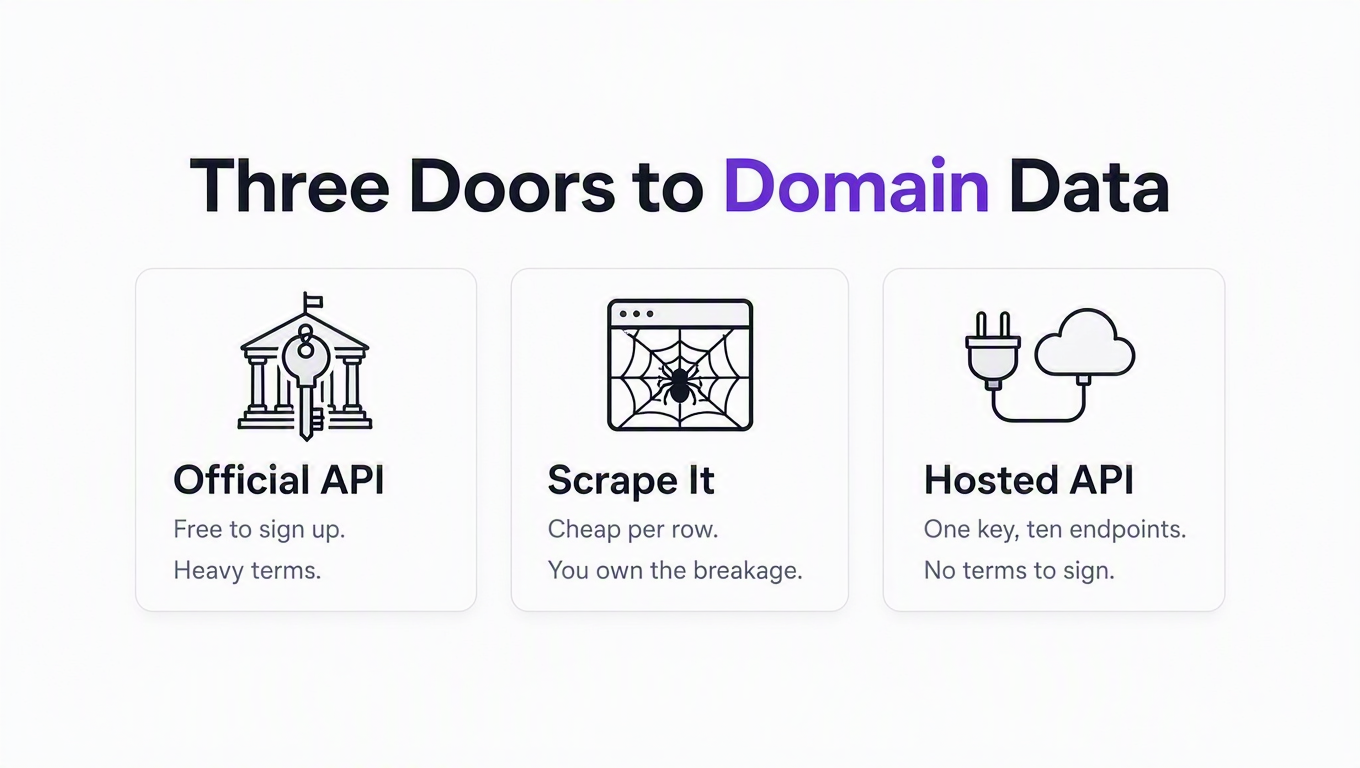 Infographic comparing three ways to get Domain data: the official API with heavy terms, scraping it yourself, and a hosted API with one key and ten endpoints