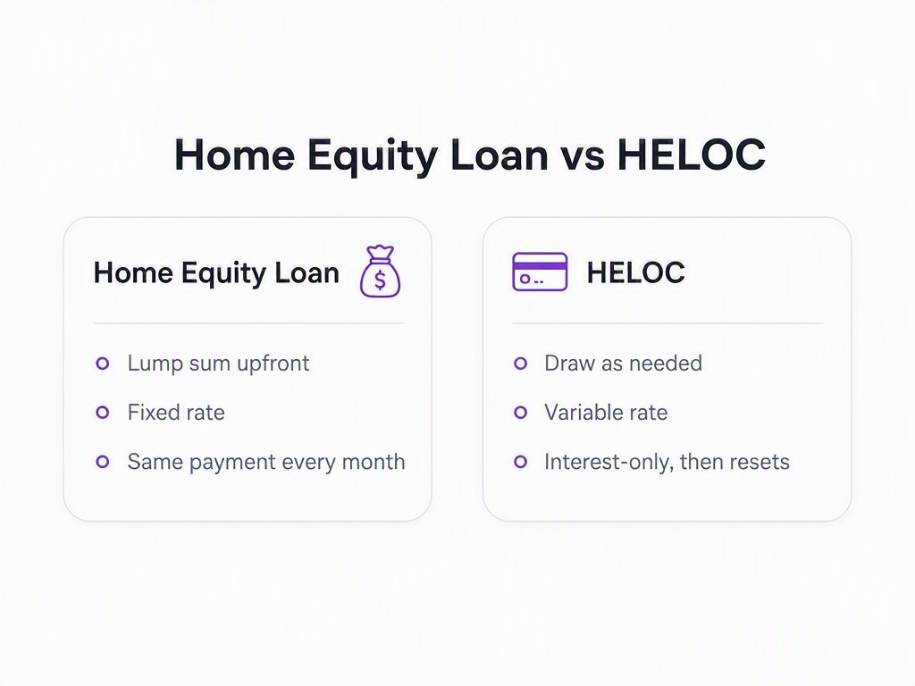 Side-by-side infographic comparing a home equity loan (lump sum, fixed rate, amortizing payments) with a HELOC (draw period, variable rate, interest-only then amortizing)