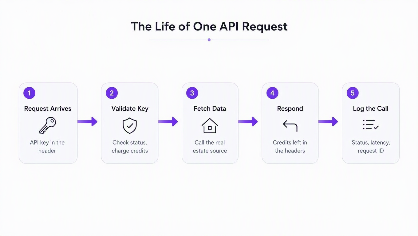 Five-step diagram: request arrives with an API key, ReqKey validates the key and charges credits, the API fetches property data, the response carries credits-left headers, and the call is logged
