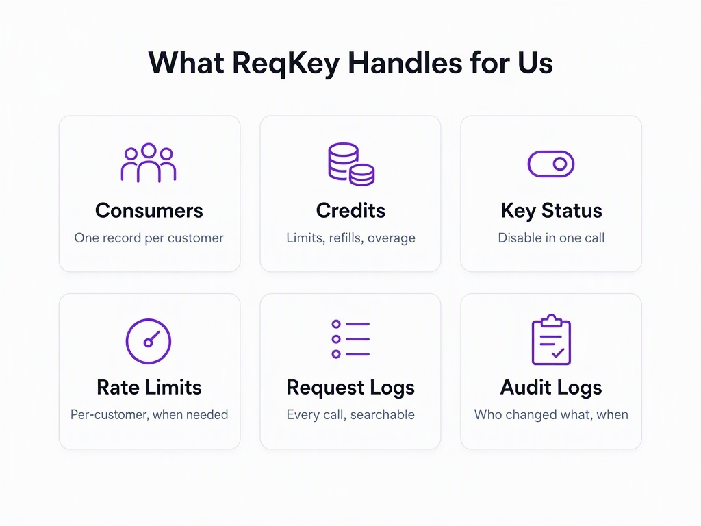 Infographic of six things ReqKey handles for RealtyAPI: consumers, credits, key status, rate limits, request logs and audit logs