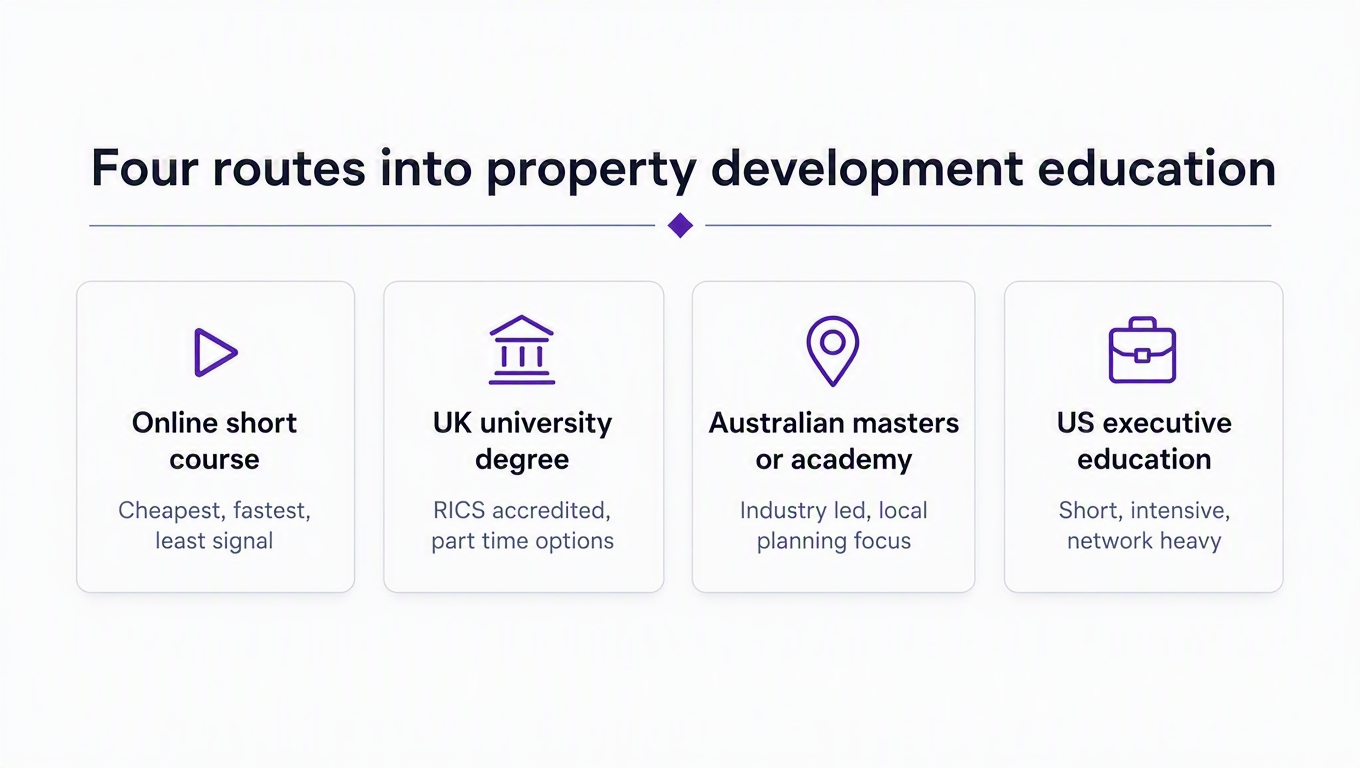 Infographic of four routes into property development education: online short course (cheapest, fastest, least signal), UK university degree (RICS accredited, part-time options), Australian master's or industry academy (industry-led, local planning focus), and US executive education (short, intensive, network-heavy)