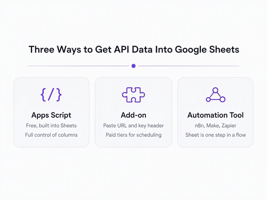 Infographic comparing three ways to pull real estate API data into Google Sheets: Google Apps Script (free, some JavaScript, full control), a no-code add-on such as API Connector, Apipheny, or Coefficient (paste a URL and header, paid tiers for scheduling), and an external automation tool such as n8n, Make, or Zapier (the sheet is one stop in a pipeline)