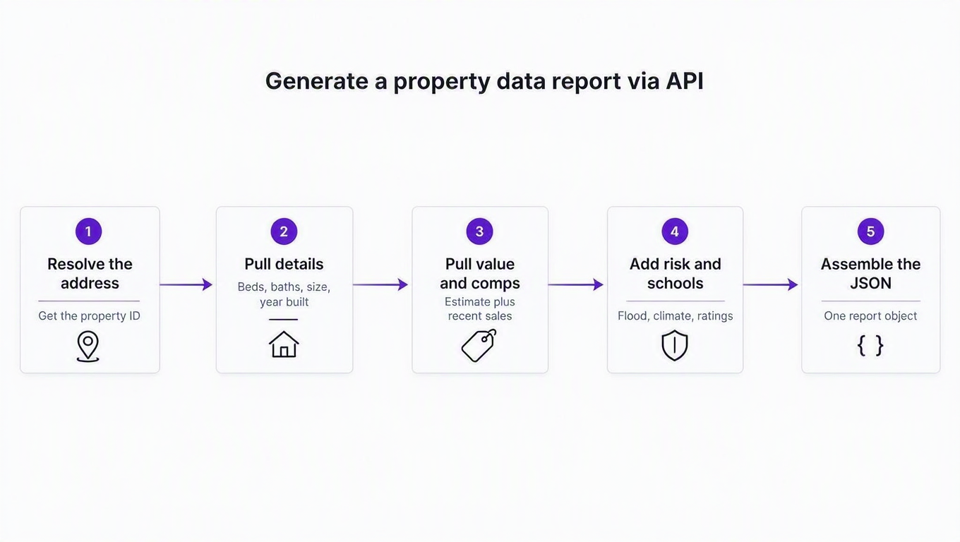 Step-by-step diagram for generating a property data report via API: resolve the address to get the property ID, pull details (beds, baths, size, year built), pull value and comps (estimate plus recent sales), add risk and schools (flood, climate, ratings), and assemble one JSON report object