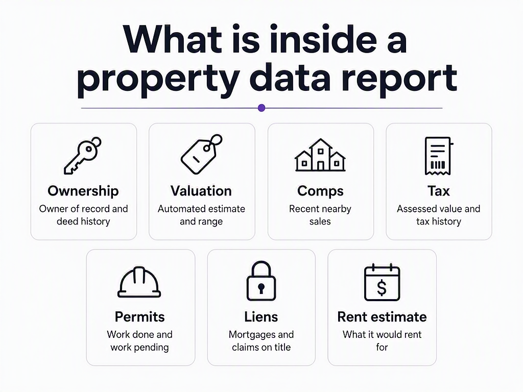 Infographic of the seven sections inside a property data report: ownership (owner of record and deed history), valuation (automated estimate and range), comps (recent nearby sales), tax (assessed value and tax history), permits (work done and pending), liens (mortgages and claims on title), and rent estimate (what it would rent for)